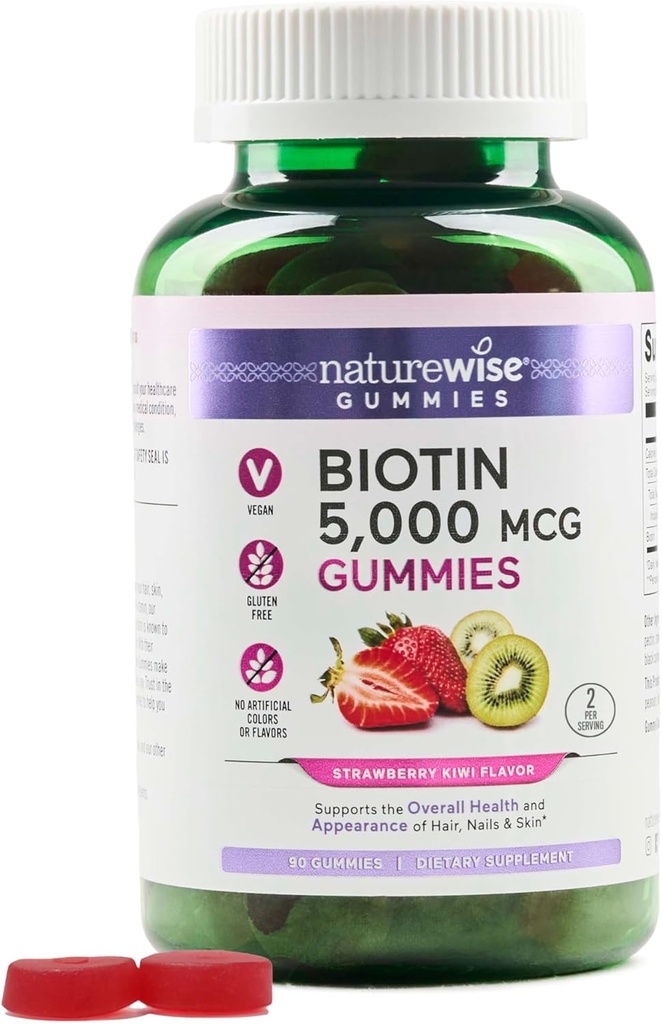 NatureWise Biotin Gummies - Tukee Terveet hiukset, iho ja vahvat kynnet - B7-vitamiini 5000 mcg - Luonnollinen kauneus - Mansikka-Kiwi maku - Vegan, ei-GMO, Gluteeniton - 90 Count[45 päivän tarjonta]