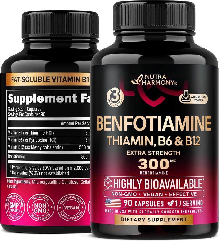 Benfotiamine 300 mg - Nerve Support, Energy & Metabolism Support - Benfotiamine Supplement Fat-Soluble Vitamin B1 - Högt Bioavailable & Absorbable - med Thiamin, Vitamin B12 & B6 - 90 kapslar