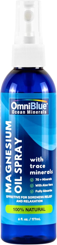 OmniBlue Magnesium & Ocean Mineral Spray- Uutinen, Ionic & Biosable Trace Minerals - Relief for Soreness, Cramps, joints and sleep - Spray Absorbs Fast, No Sting - USA Made (6oz)