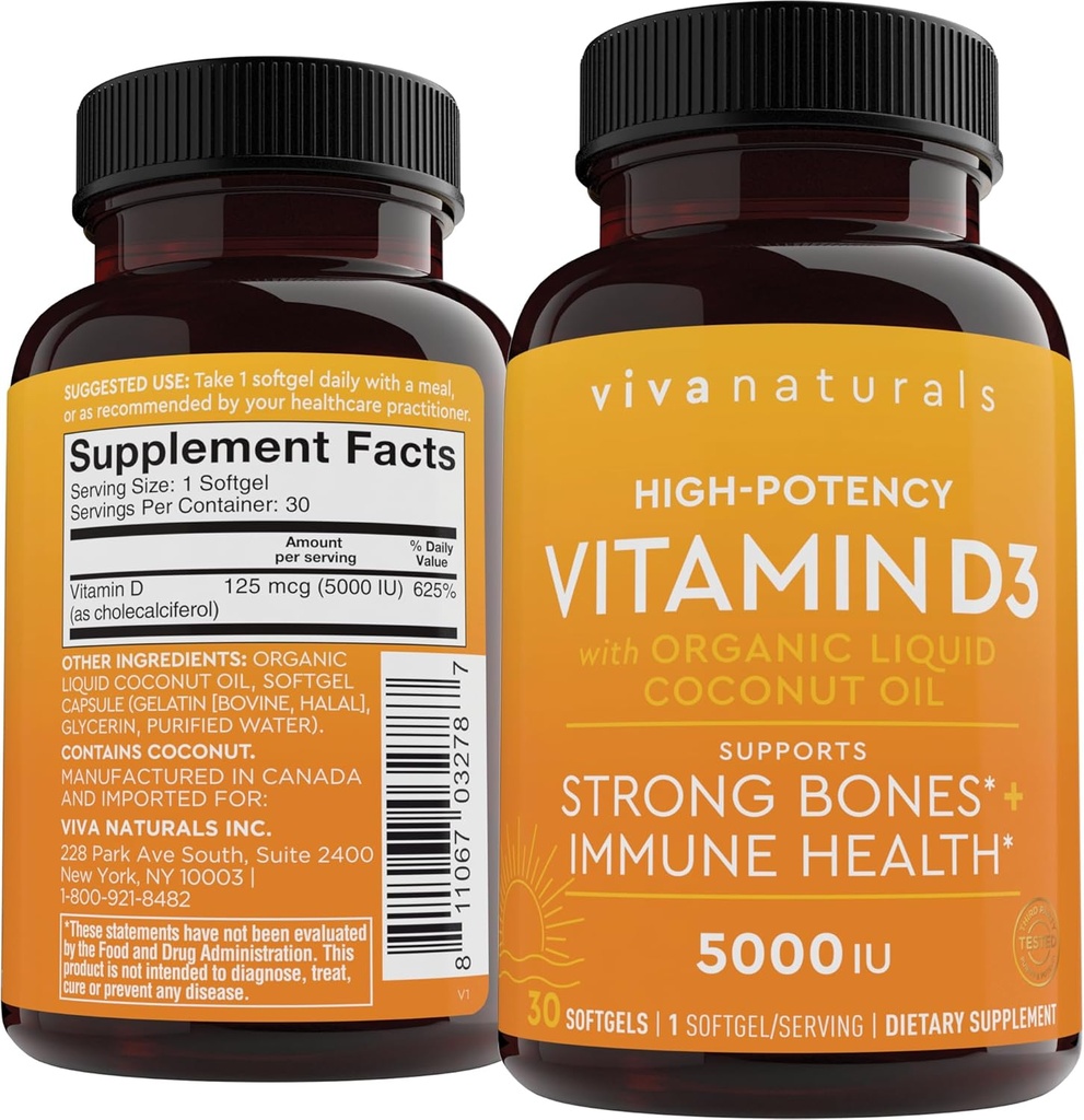 D3-vitamiini 5000 IU Softgels (125 mikrog), 30 Softgels - High Potency-vitamiini D-lisäravinteet terveelle immuunitoiminnolle, luut ja lihakset - valmistettu orgaanisella nestemäisellä kookosöljyllä