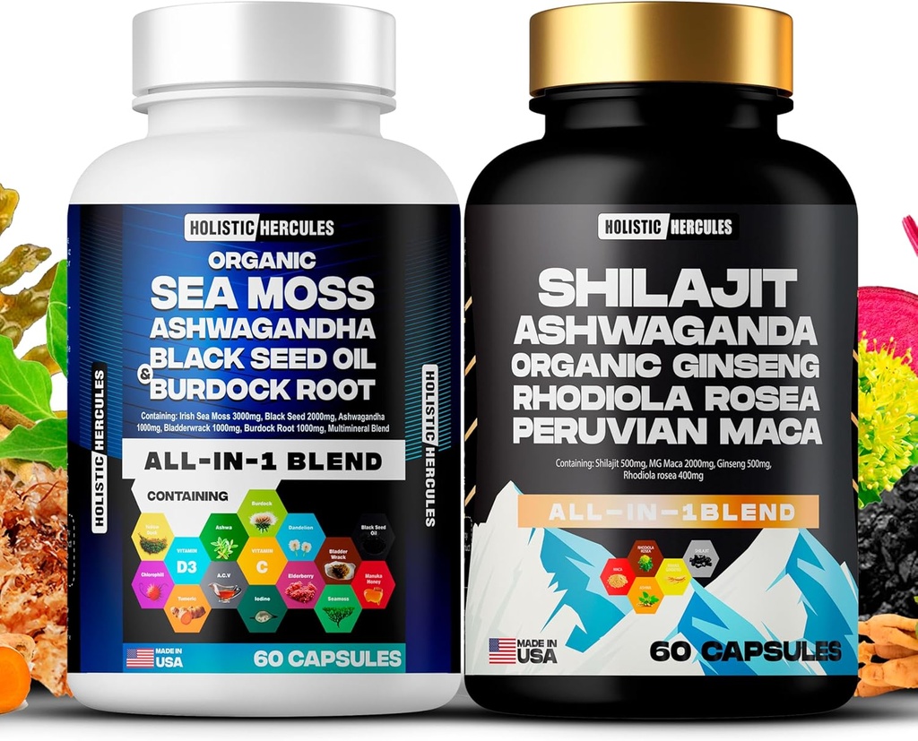 Kokonaisvaltainen Hercules Classic Combo Bundle - Sea Moss 3000mg, Black Seed 2000mg, Ashwagandha 1000mg, Shilajit 5000mg, Panax Ginseng 1500mg, Peruvian Maca 2000mg, Kaikki in 1 Lisät Pack