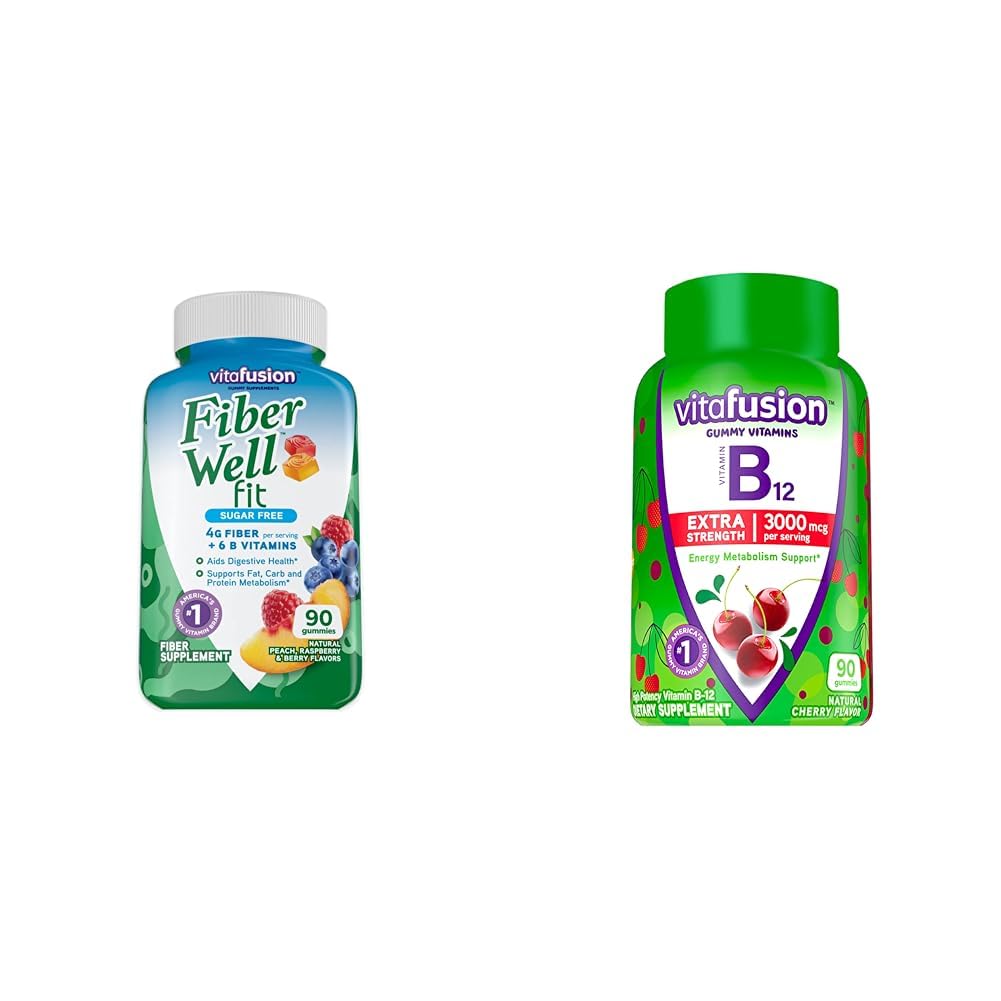 Vitafusion Fiber Well Fit Gummies Supplement, 90 Count (Packaging May Vary) & Extra Strength Vitamin B12 Gummy Vitamins för energi Metabolism Support