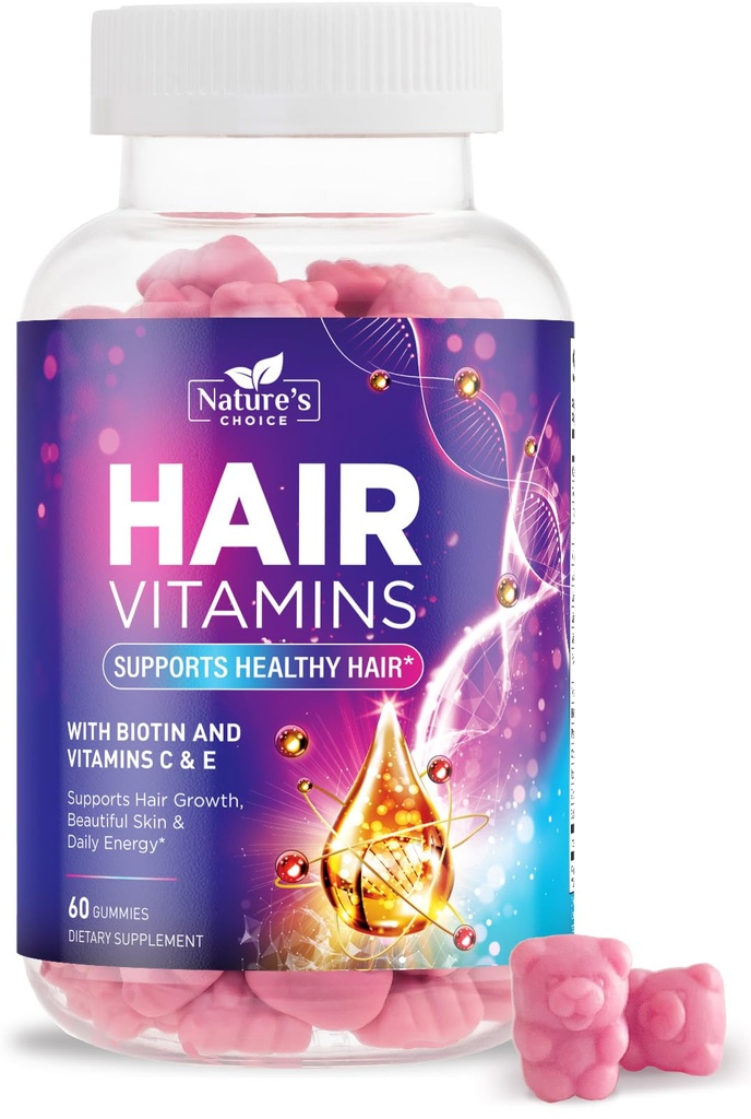Hiusvitamiini Gummies kanssa 5000 mikrog Biotiini, hiusten kasvua tuki Gummy, Premium kasvissyöjä ei-GMO kanssa vitamiineja E & C vahvempi, kaunis hiukset, iho ja kynnet, Biotiini Gummies täydentää - 60 Gummies