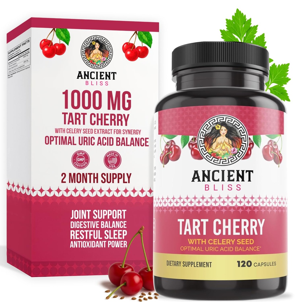 Ancient Bliss Tart Cherry Capsules, Inflammation & Joint Support Supplement för Män & Kvinnor, Tart Cherry Supplement för att stödja Digestion, Sleep & Vitality (120 kapslar)