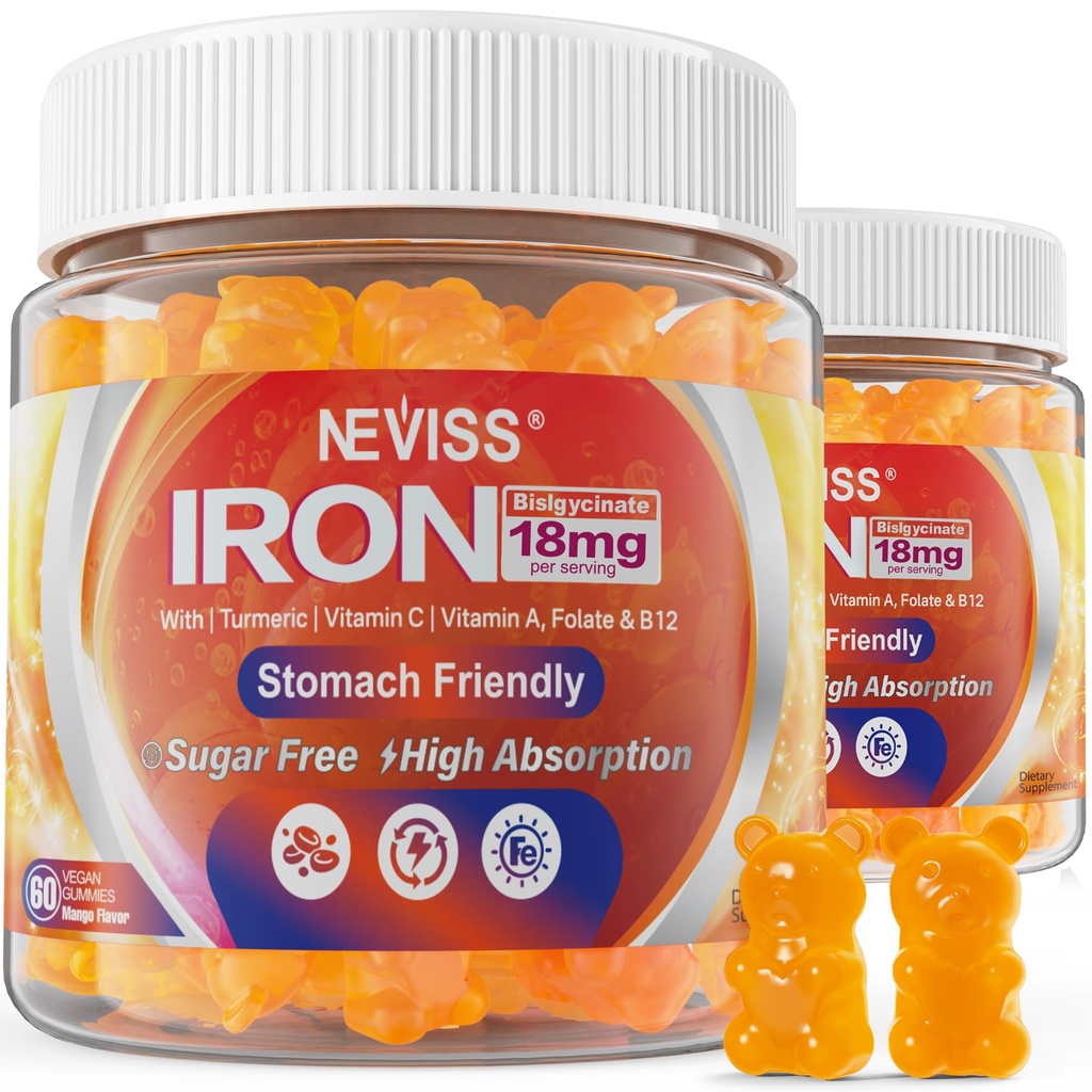 Vegan Iron Gummies täydentää C-vitamiinia, B12, Folaattia & Turmeeric - Energiaa & Immuuniterveys Gummy Iron Bisglysinaatti 18 mg Hellävarainen & ei-kosteuttava - naiset & miehet, 2 pakkaus