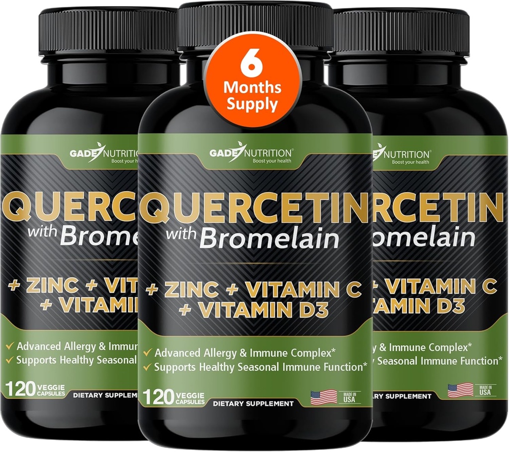 Gade Nutrition Quercetin C-vitamiinin ja sinkin kanssa - Quercetin 500 mg - Quercetin bromelaiinin kanssa - Sinkki Quercetin - Quercetin lisäravinteet + D3-vitamiinin (ei-GMO, Gluteeniton, Vegan) - 6 kuukauden tarjonta