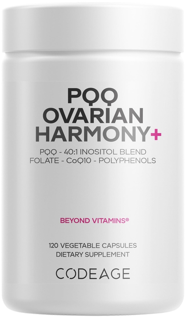Codeage PQQ Ovarian Harmony + Supplement - PQQ (Pyrroloquinoline Quinone), Myo-Inositol & D-Chiro-Inositol 40:1 Blend, Folate 5-MTHF, CoQ10, Wild Blueberry - Liposomal Delivery - Non-GMO - 120 kapslar