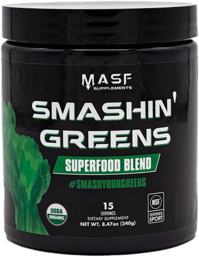 MASF Smashin' Greens Superfood Blend NSF Sport, Super Greens Ruoansulatus, Spirulina, Klorella, Bloat Relief, 8.47 Ounce (Pakkaus 1)