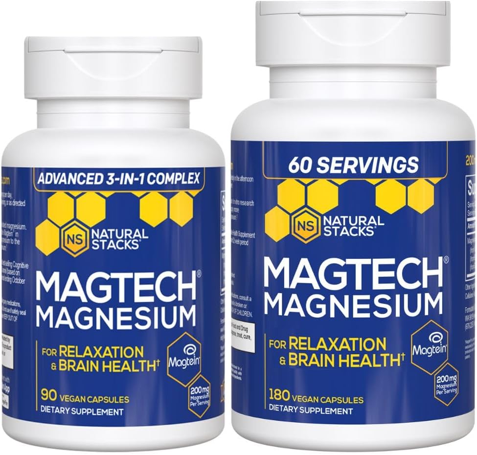 Natural Stacks Magtech Magnesium Value Bundle - 3 Forms of Magnesium - Med Magtein L-Threonate - Stöder Avkoppling och Hjärnhälsa * - 270 Totala kapslar