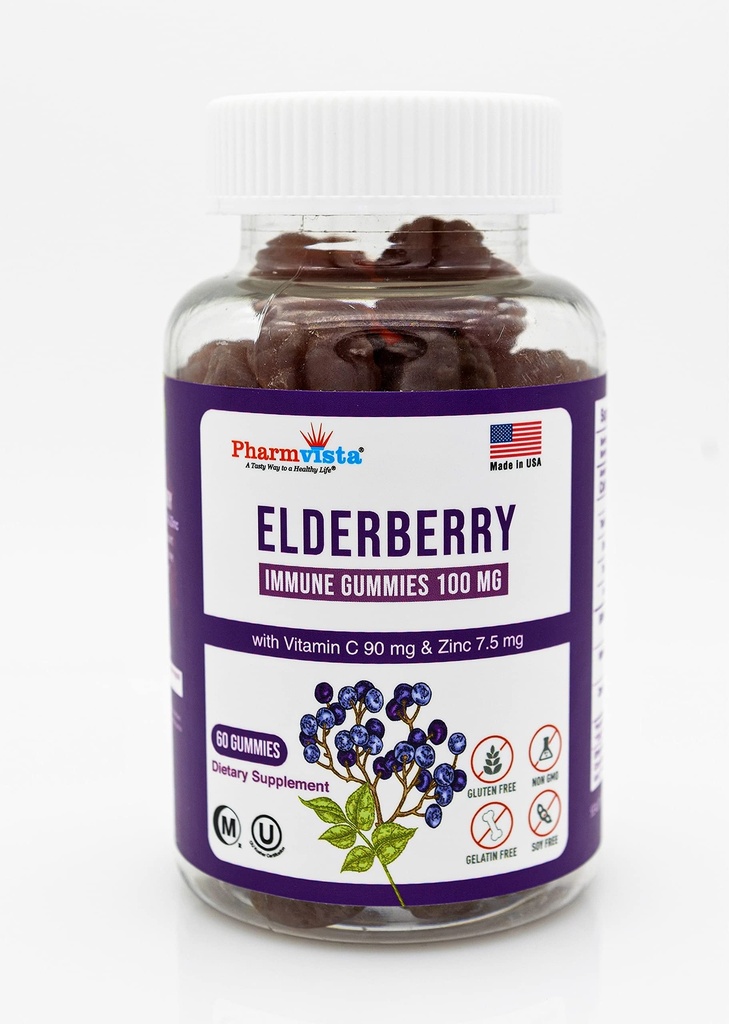 Elderberry Gummies 100mg med vitamin C och Zink - Immune Support, Gluten Free Gummies med 7% Anthoycyanin - 60 greve