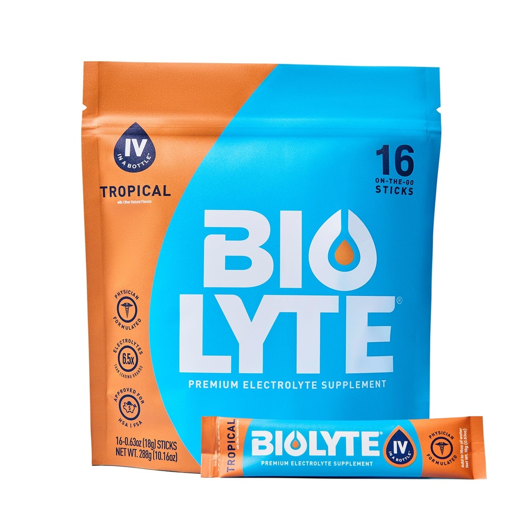 BIOLYTE IV Electrolyte Powder Packets, IV Liquid Drink Mix for Water, Doctor-Developed Hydration, HSA & FSA Godkänd Dehydration Relief, Chemotherapy Must Haves for Women & Men - Tropical (16 Sticks)