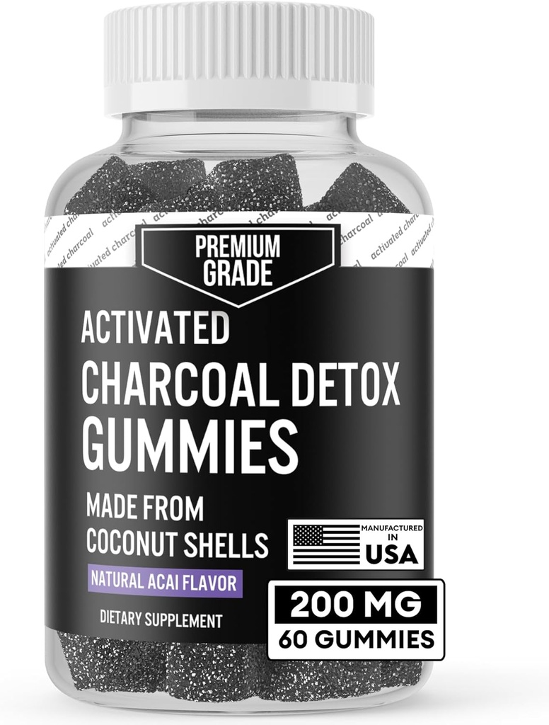 Premium Grade Aktiivihiili Gummies - Kookoshiili täydentää detox tuki, suun terveys, vatsan ja ruoansulatus - turvallinen lapsille - No Bloat Vegan Gummy - Natural Acai Flavor (60 kreivi)