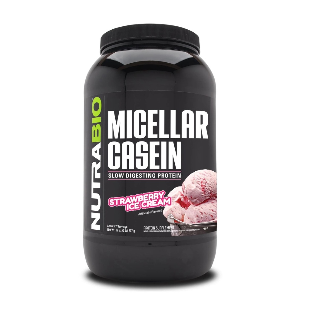 NutraBioCasein Protein Powder, Micellar Casien Powder, 25g Slow Digesting Protein, auttaa pitämään sinut koko, Yön lihasten Recovery & Growth, BCAA & EAA, gluteeniton, soijaton, 2lb Mansikkajäätelö
