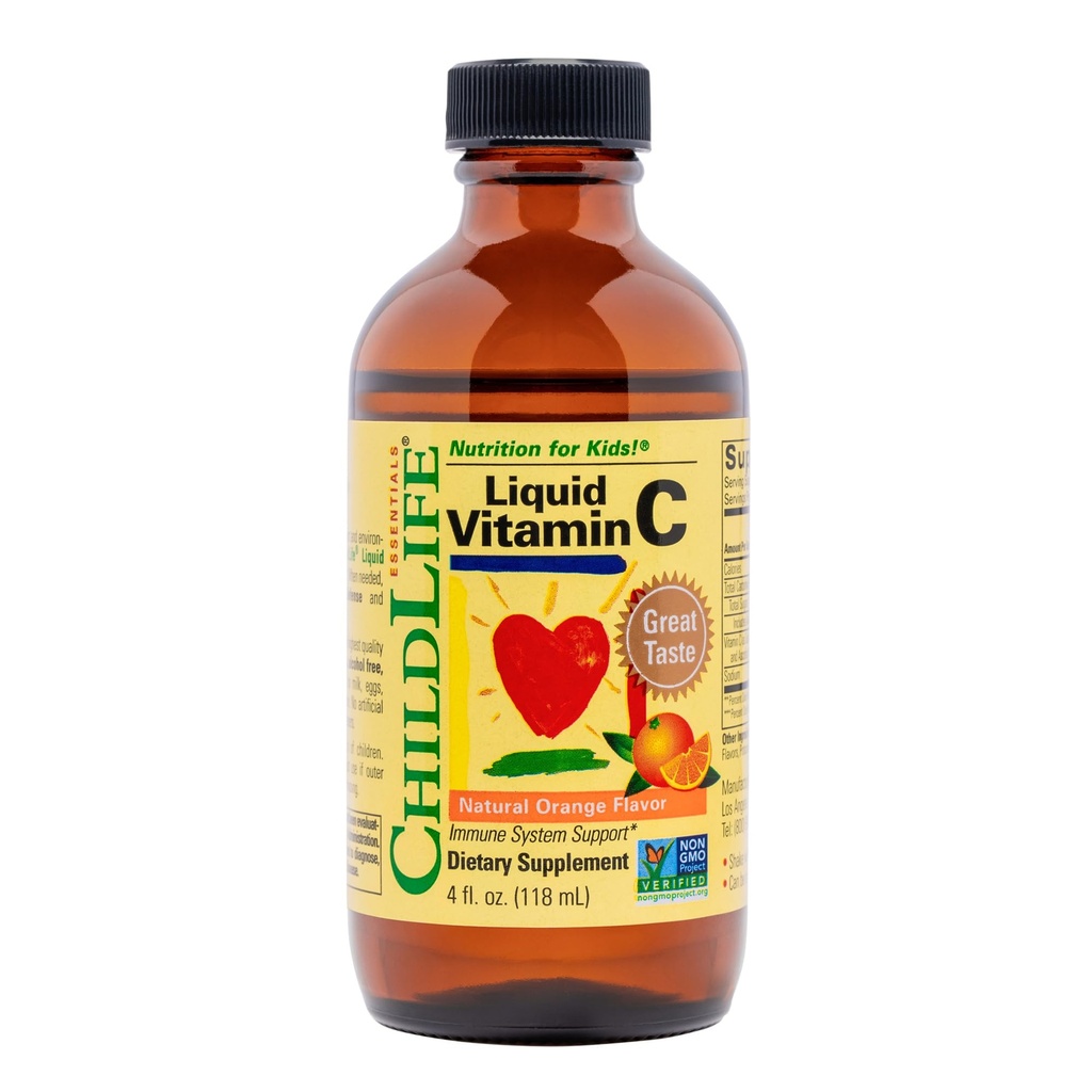 CHILDLLIFE OLENNAISET Nestemäinen C-vitamiini - Pure C-vitamiini nestemäinen täydentää lapsille, Immuunijärjestelmä tuki, Suuri maku - Natural Orange, 4 Fl Oz (Pack of 1)