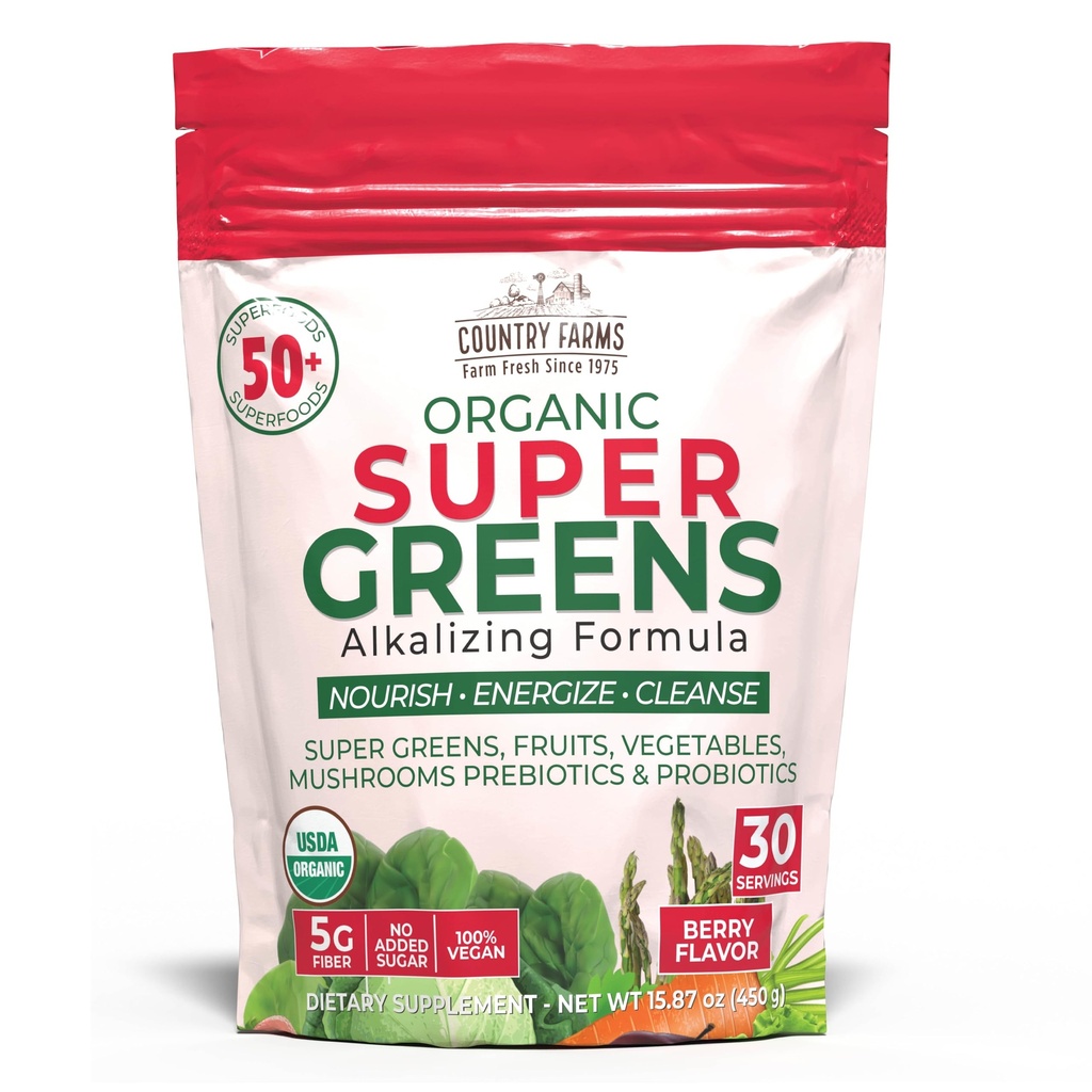 Country Farms Super Greens Berry Flavor, 50 Organic Super Foods, USDA Organic Drink Mix (Wheat Grass, Spirulina, Chlorella) Mushrooms & Probiotika, med Fiber, Gut Health, Natural Energy, 30 portioner