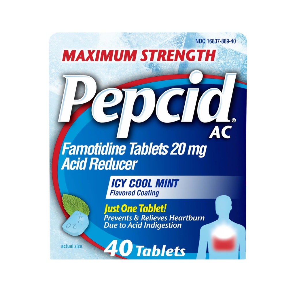 Pepcid AC Maximum Strength Heathburn Relief -tabletit, OTC-lääketiede ehkäisee ja lievittää närästystä happojen ruuansulatushäiriön ja hapan mahan vuoksi, 20 mg fomotidiinihapon reduktori, ICY Cool Mint, 40 ml