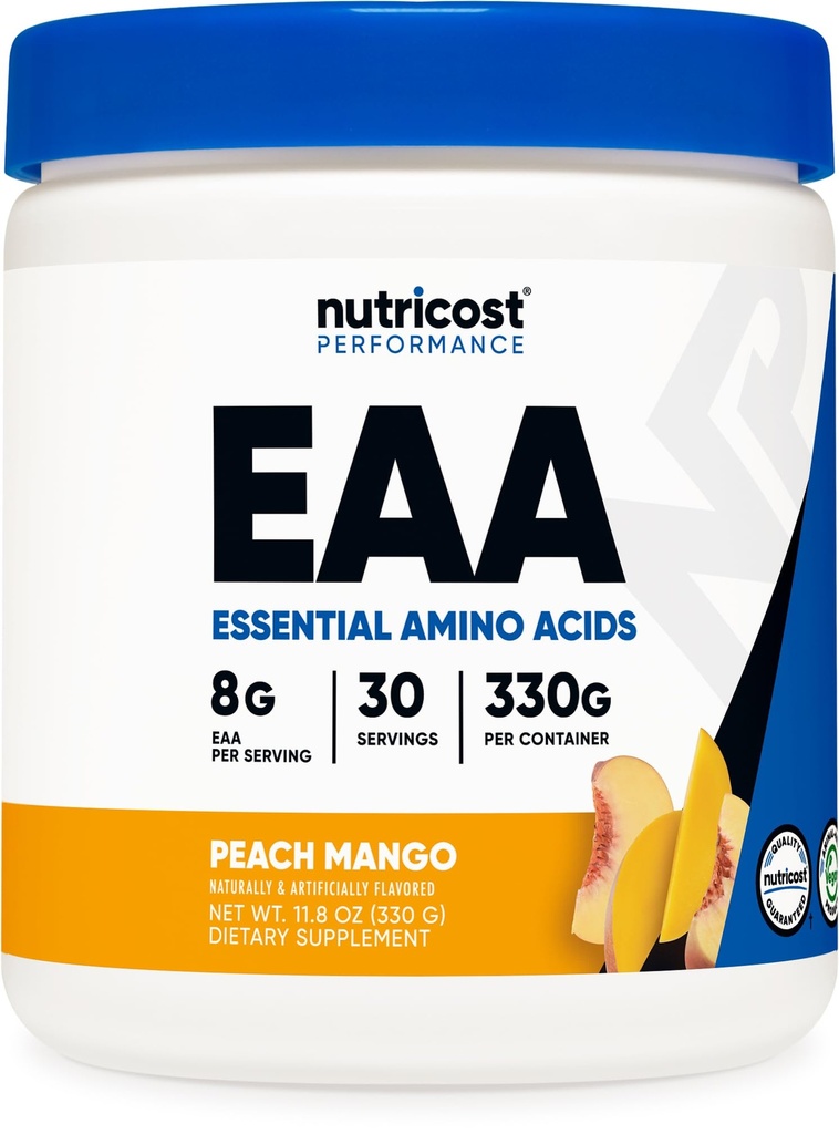 Nutricost EAA Powder 30 Tarjoilut (Peach Mango) - Essential amino acids - ei-GMO, Gluteeniton, Kasvisruoka Ystävällisesti