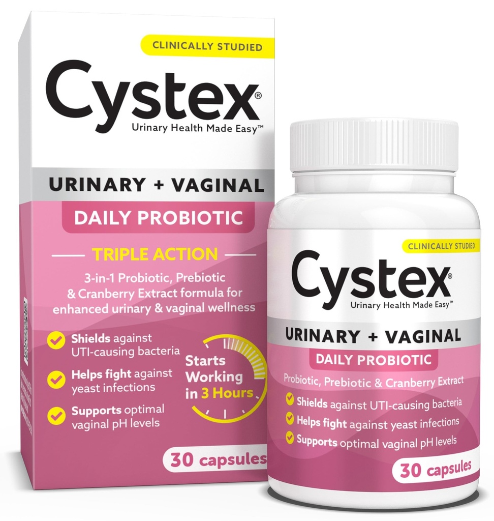 Cystex 3-in-1 virtsateiden probiootti naisille - nopea toiminta UTI & Jeast infektio tukea prebiootit, probiootit, & karpalo - tukee emättimen pH & Flora tasapaino - 30 kapselia