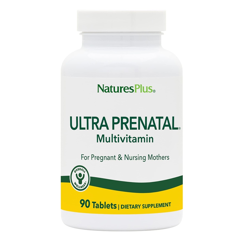 NaturesPlus Ultra Prenatal Multivitamin - 800 mcg Folate, 90 vegetariska tabletter - Prenatal Supplement med järn, jod, kalcium och B-komplex vitaminer - Glutenfri - 45 portioner