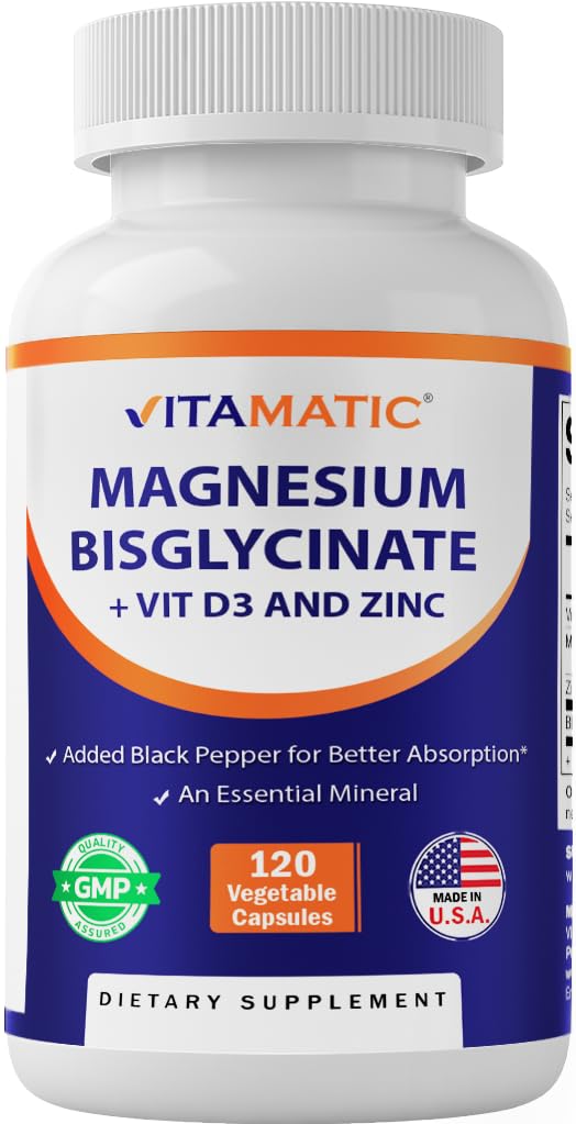 Vitamaattinen magnesium (Bisglysinaatti & oksidi), D3-vitamiini ja sinkki - 120 Veg kapselit - Tukee lihasten, nivelten, hermojen ja sydämen terveys .