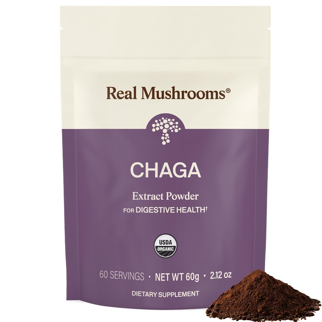 Real Mushrooms Chaga Mushroom Powder - Organic Chaga Extract från Fruiting Body - för Daily Wellness & Energy Support - Vegan, Non-GMO, 60 Servings Mushroom Supplement