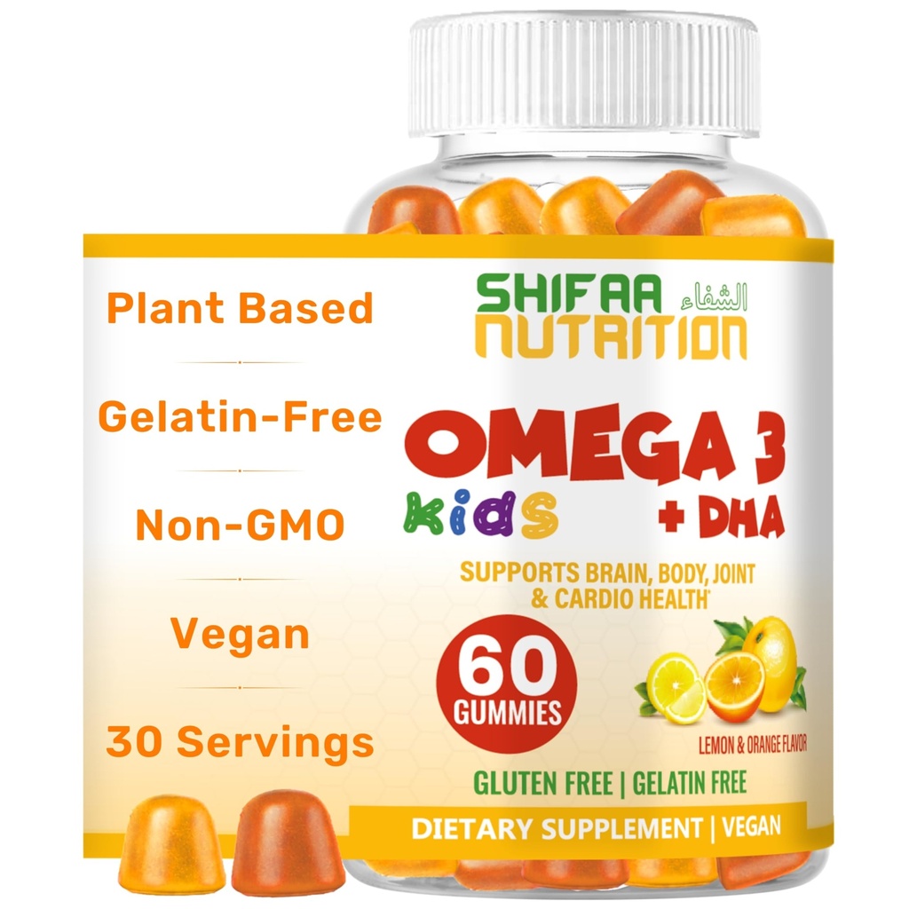 SHIFAA NUTRITION Halal Omega 3 för barn med DHA Gummies for Brain Development, Heart & Immune Support, Plant-Based, Non-GMO, Algae-Based DHA, Gluten & Gelatin-Free Kids Omega 3 Gummies, 30 Servings