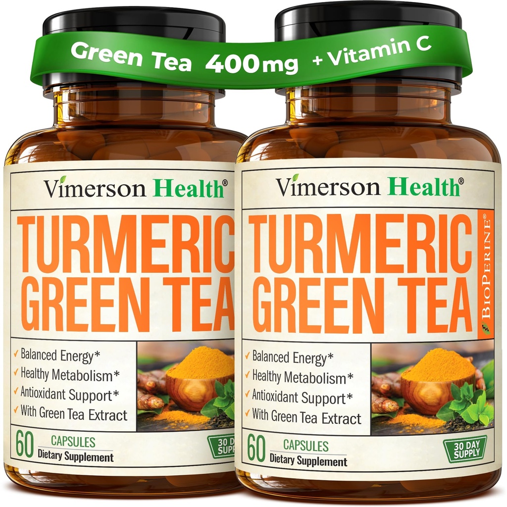 Turmeeric Curcumin Supplement with Green Tea Extract (ECGC) & Vitamiin C for Joint Health, Energy & Tulehdustasapaino - Organic Tumeric Curcumin with Black Pepper - Gluteeniton, ei-GMO. 2-pakkaus