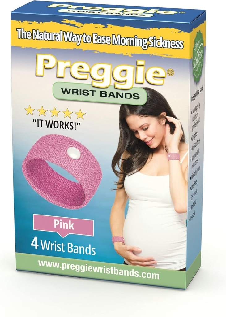 Preggie Anti-Nausea Wristbands - Morning Sickness Relief - Clinically Tested Nausea Relief Aid - Graviditet Nausea Relief - Akupressur Wristband - Side Effect Free - 2 Pairs, Set av 4 band - Rosa