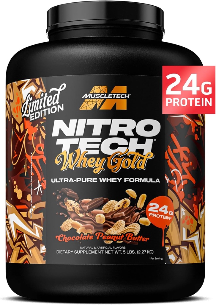 MuscleTech Whey Protein Powder (Chocolate Peanut Butter, 5LB) - Nitro-Tech Whey Protein Isolate Smoothie Mix for Lean Muscle & Fast Recovery - 24g Whey Gold Protein for Women & Men - Gluten-free