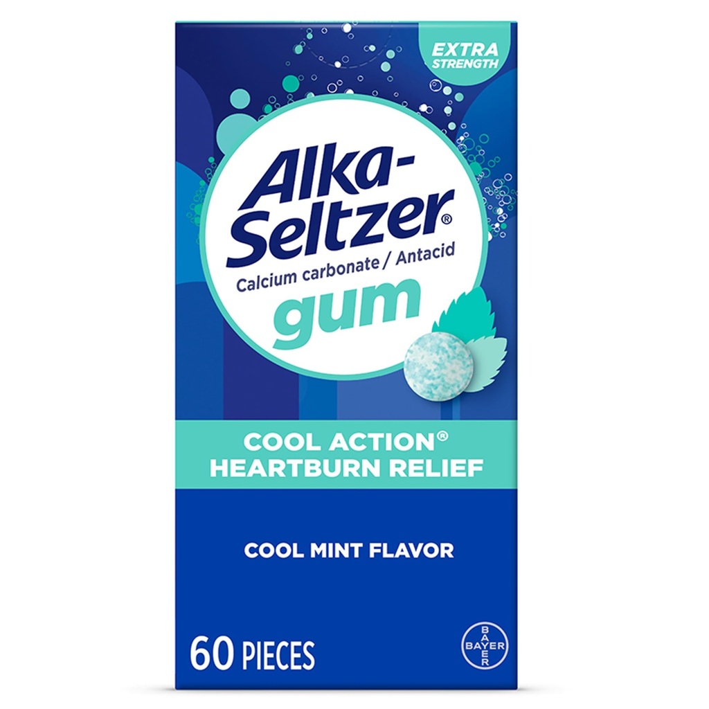 Alka-Seltzer Cool Action Heartburn Relief Gum, Extra Strength Antacid Gum, Acid Indigestion och Upset Stomach Relief, No Chalky Taste, Cool Mint Flavor, 60 Count