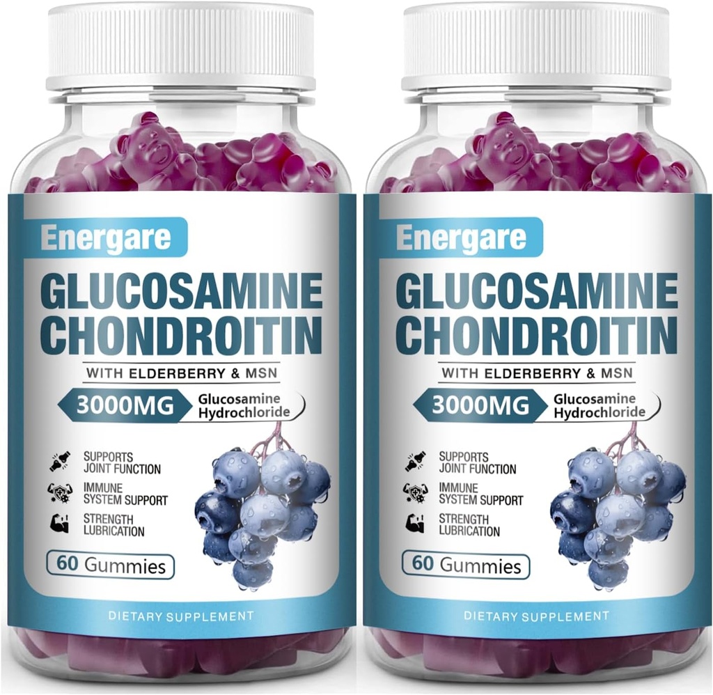 2 pakkaus 3000 mg Glukosamiinikondroitiini MSM Gummies & Elderberry, Extra Strength Yhteinen tuki Terveys, joustavuus, antioksidantti, Immuuni täydentää Gummy aikuisille, miehet & naiset 120 kreivit
