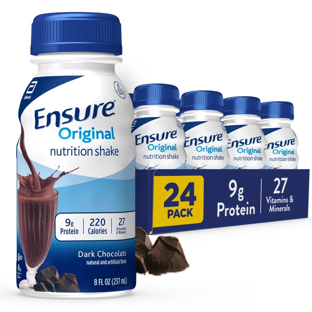 Säkerställ Original Dark Chocolate Nutrition Shake | Small Meal Replacement Shake | Redo att dricka | 9g Protein, 27 Vitaminer och mineraler | 8 fl oz - 24 Pack
