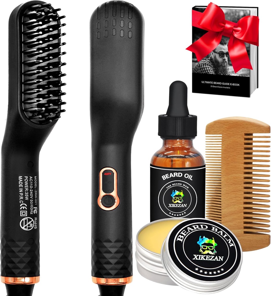 Parran suoristaja W/Parran Oil & Balm & Guide E-Book, Hyväksytty 3 in 1 Hair Straightener Brush Beard Straightening Comb,Unique Stocking Stuffers Lahjat miehille Isä aviomies Syntymäpäivä Joululahjat