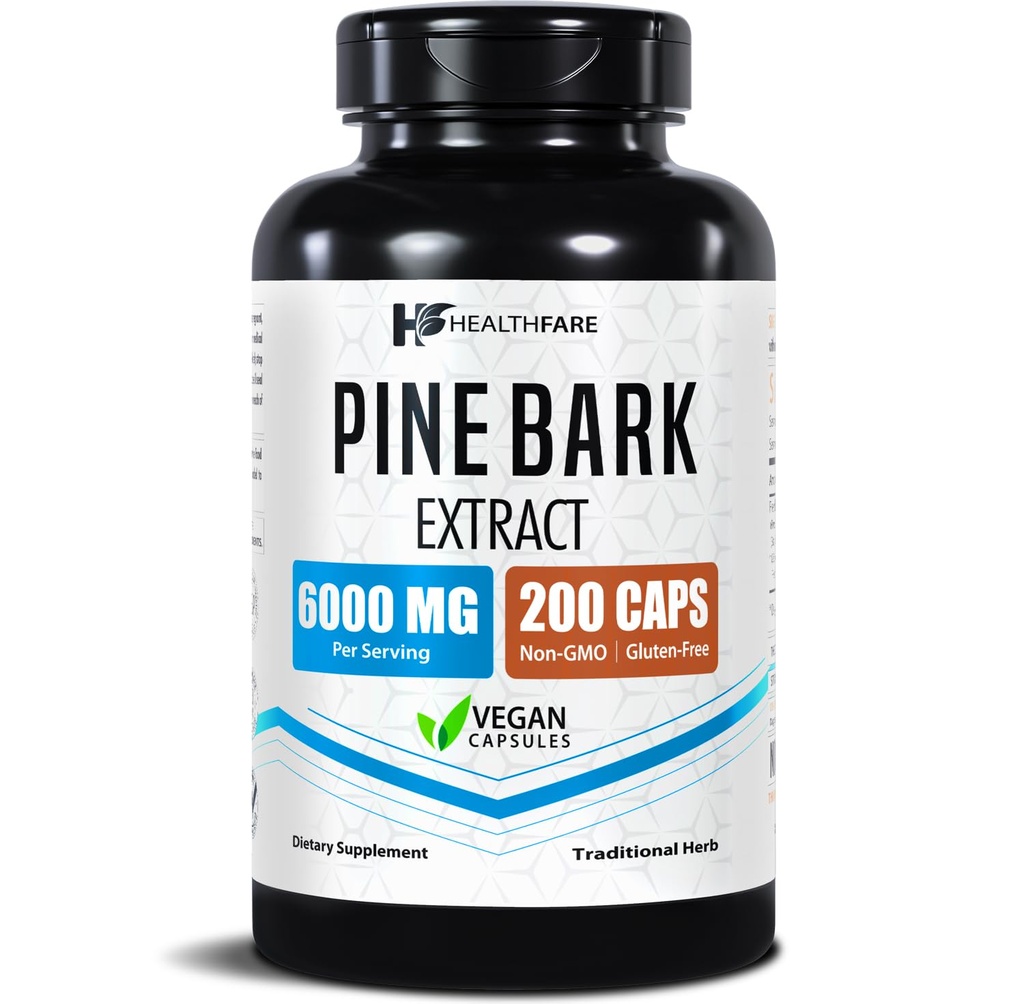 Healthfare Pine Bark Extract 6000mg Ranskan Maritime ... 200 Vegan kapselit ... Standardoitu 95% OPC Proantosyanidinit ... Antioksidantti yrttien lisäravinteet ...
