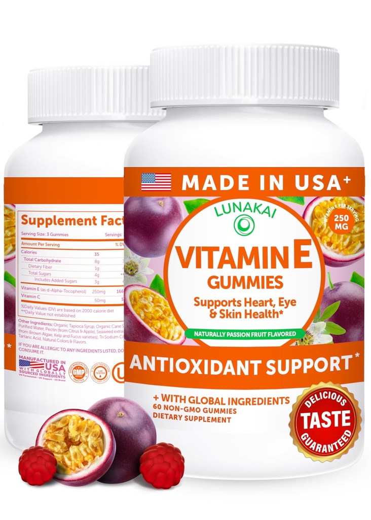 Lunakai USA Made Vitamin E Gummies 400IU med vitamin C - Utsökt, Vegan, icke-GMO Supplement för daglig hud och ögonstöd, 60ct