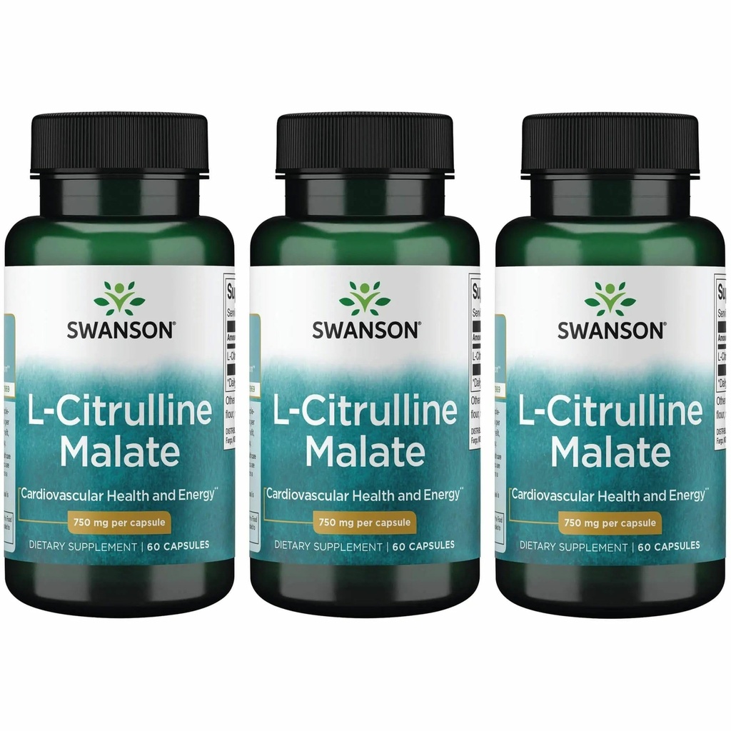 Swanson L-Citrulline Malate - Amino Acid Supplement främjar energiproduktion och hälsosam blodcirkulation - naturlig formel som stöder övergripande välbefinnande - (60 kapslar, 750 mg vardera) (3 Pack)