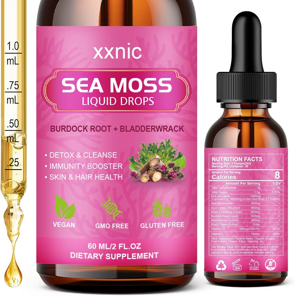 Sea Moss Advanced Liquid Drops, 3000mg Organic Sea Moss Liquid with Black Seed Oil & Irish Seamoss Gel, Raw Sea Moss Support Immuncy, Joint, Dgestive Health, 60mL-L8