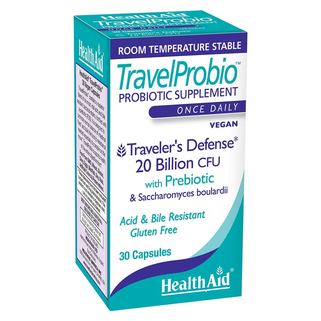 HealthAid TravelProbio 20 miljardia PMY Probiootti Saccharomyces boulardii + Prebiootti (FOS), Acid & Bile-Resistant 