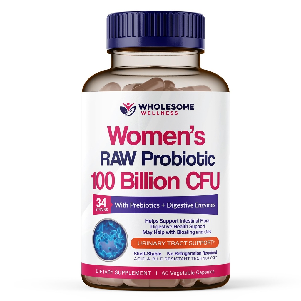 Wholesome Wellness Dr Formulerade Raw Probiotics för kvinnor 100 miljarder CFUs kapslar med prebiotika, Digestive Enzymes, godkänd för vuxna, Shelf Stable Supplement