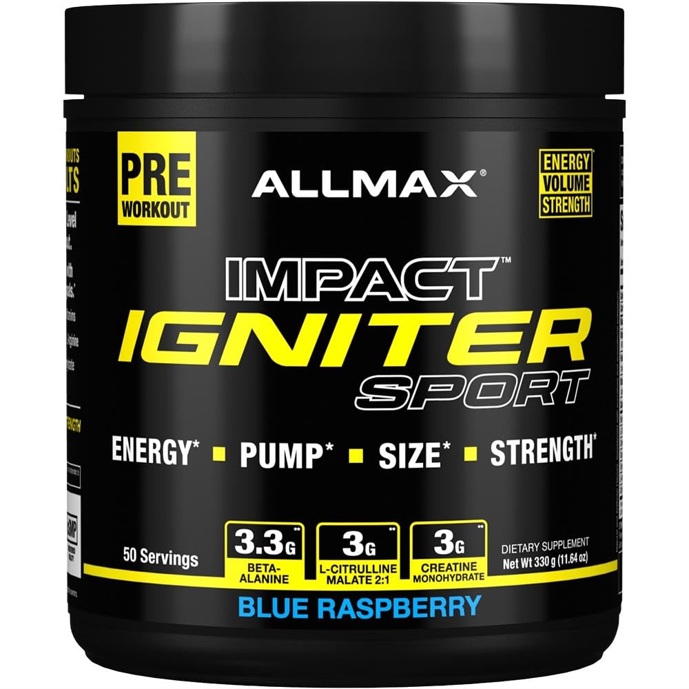 ALLMAX IDNITER Sport, Blue Raspberry - 330 g - Pre-Workout Formula - kofeiini, L-Citrulline, L-arginiini, Creatiini & Beta Alanine - jopa 50 tarjoilua