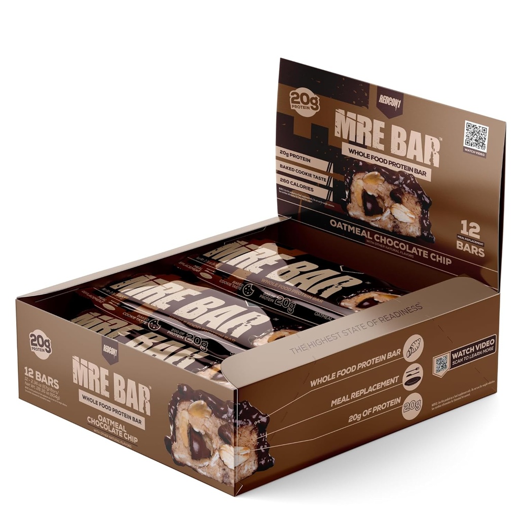 PEDCON1 MRE proteiinipatukka, kaurapuuro suklaalastu - sisältää MCT-öljyä + 20 g koko ruokaproteiinia - helposti digestible, Macro Balanced Low Sugar Meal Replacement Bar (12 Bars)