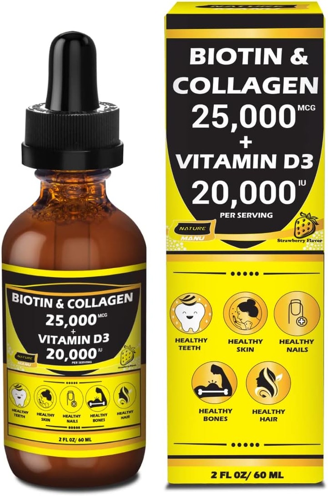 Luonto Manu-Premium 25,000mcg Liquid Biotin & Collagen+20,000iu D3-vitamiini All-in-one Wellness Daily Drops. Tukee terve iho, vahvemmat kynnet, hiusten kasvua. Maukas mansikkamaku - 2 FL OZ/60 ML