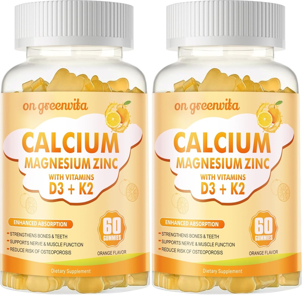 Kalsium Magnesiumsinkki Gummies D3-vitamiinia ja K2-vitamiinia - korkea vahvuus Parannettu imeytyminen -120 Orange Gummies Maustettu