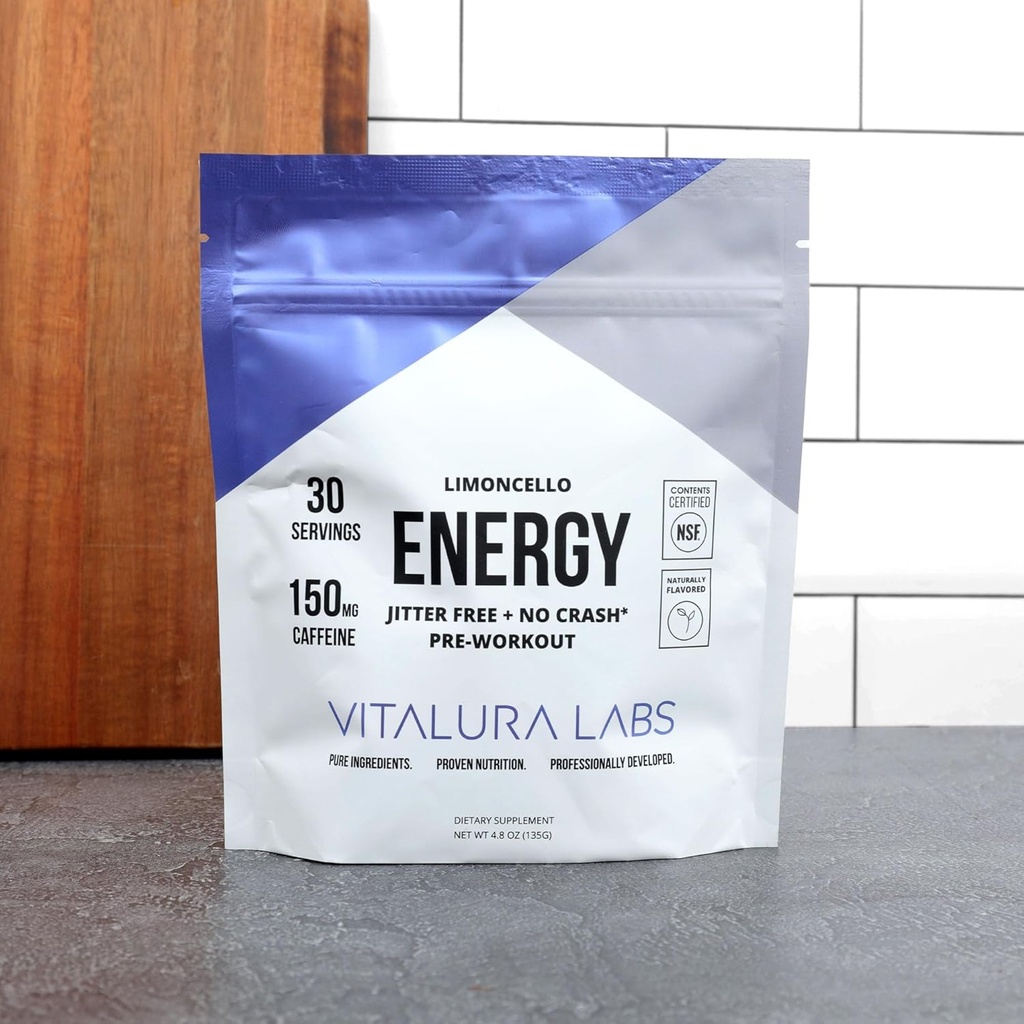 Vitalura Labs Pre-Workout Powder - Kofeiini, teakriini, Rhodiola & L-Theanine for Energy & Endurance - NSF Content Certified - Limoncello Flavored - 30 Servings