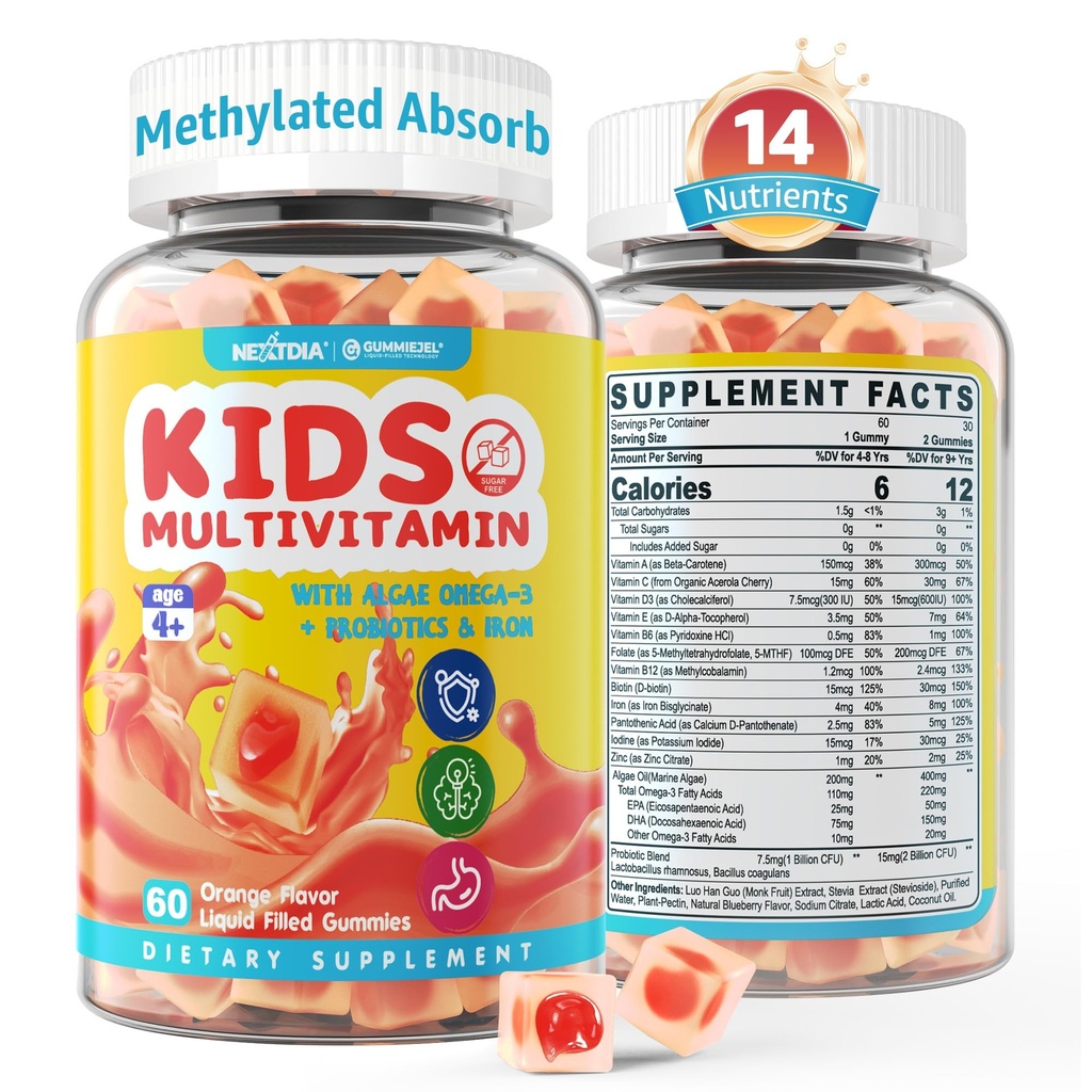 Barn multivitamin gummies med järn, sockerfri, barn dagliga vitaminer + probiotika, Algae Omega 3 (EPA / DHA), A, C, D, Methyl B12, folat, B6, Zink, Biotin, för hälsosam tillväxt, immunstöd, 60 greve