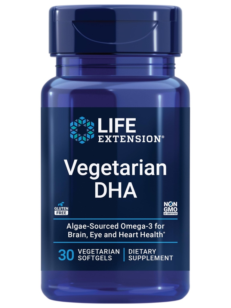 Life Extension Vegetarian DHA, Omega-3 från Alger för kognition, Mood & Eye Health, Gluten-Free, Non-GMO, Vegan, 30 mjukgels