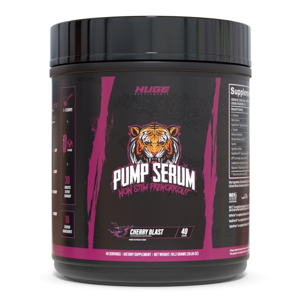 Valtavat lisäravinteet Pumpu seerumi, Stim Free Pre workout ja typpioksidi Booster parantaa Focus, Pumps, Fulness ilman kofeiinia, L-sitrulliini, GlycerPumppi, L-tyrosiini, Nitrosigine (Cherry Blast)