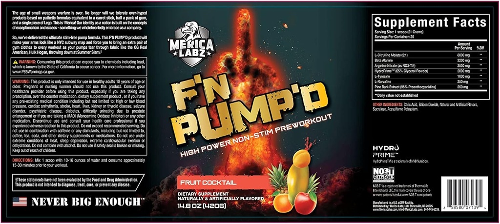 "Merica Labz F'N Pump'D Stimulant Free, Nitric Oxide, Fully Dosed, Pump PreWorkout Powder (20 Servings) (Fruit Cocktail)