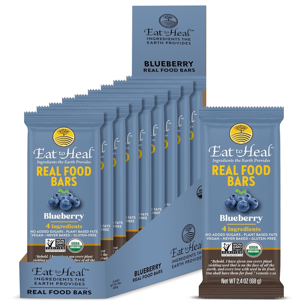 SyöHeal Blueberry Real Food Bar - Organic Protein Bars, Vegaani Ruoka, Terveellinen Gluteeniton Proteiini Ruoka - Matala sokeri Proteiini Bars, Ei GMO, Ei koskaan paistettu, Kasvipohjaiset Organic Välipalat - Valmistettu nautittavaksi