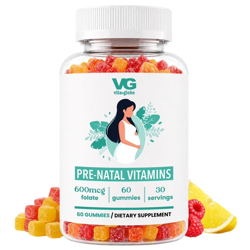 VITA GLOBE Prenatal Fish Oil Gummy Vitamiinit - Naisten monivitamiini tervettä kasvua ja aivojen kehitystä A-vitamiini, D E, B6, Folaatti ja Biotiini, 60